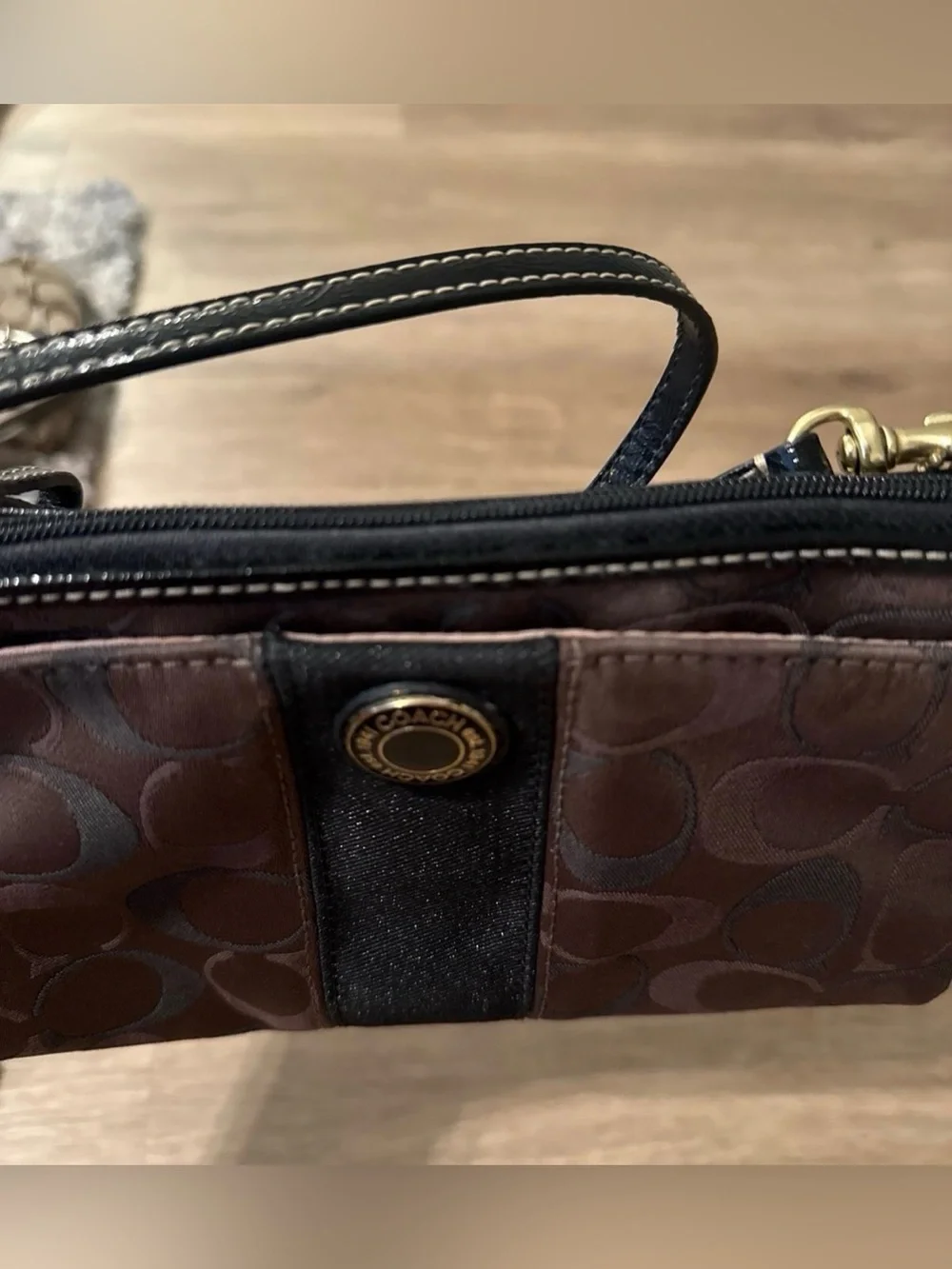 Coach Dark Brown Stripe Round Wristlet